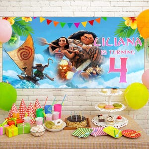Moana Birthday Party Backdrop | Custom Name Moana and Friends Banner | Tropical Island Theme Birthday Decor & Photo Background JCLV02