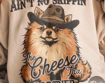 Retro Pomeranian Cheese Tax PNG: Funny Western Dog Design (Digital Download