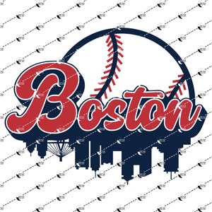 May include: A red and blue baseball graphic with the word "Boston" in a stylised font. The graphic features a baseball with red stitching and a city skyline silhouette.