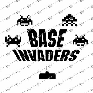 May include: Black and white graphic design featuring the text "BASE INVADERS" in bold lettering. The design includes four pixelated space invaders and a joystick.