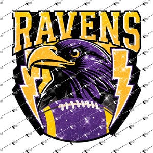 May include: Purple and gold glitter graphic featuring a raven's head and a football, with the word "RAVENS" in large yellow letters.