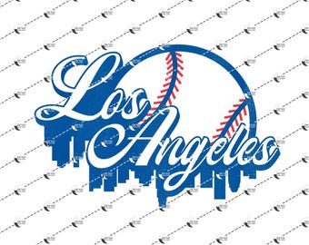 May include: A blue and white graphic with the text "Los Angeles" and a baseball with red stitching. The graphic has a distressed look and is set against a white background.