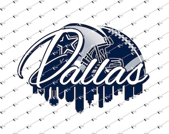 May include: A navy blue and white graphic featuring a football helmet, a star, and the word "Dallas" in a stylized script. The design includes a cityscape silhouette at the bottom, all set against a white background.