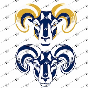 Può includere: Due teste di ariete stilizzate con corna dorate e blu. L'ariete in alto ha corna dorate e un viso blu, mentre l'ariete in basso ha corna blu e un viso blu.