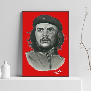 Ernesto Che Guevara Handmade Portrait,High Resolution Room Decor,Downloadable Poster Art, Red Background Che Guevara Poster,Instant Download image 1