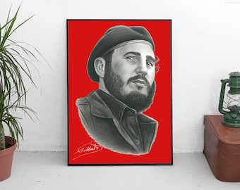 Original Handmade Portrait of Fidel Castro, Quality Room Decor, Printable Poster Art, Red Background Fidel Castro Poster, Instant Download