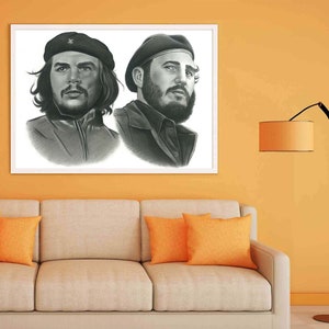 Che Guevara, Dibujo de retrato de alta calidad hecho a mano con Fidel Castro, Decoración de pared, Técnica de dibujo a lápiz, Diseño horizontal, Descarga digital