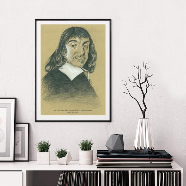 INSTANT DOWNLOAD René Descartes Wall Decor Poster. Motivasyonel Inspirational Quote. Pencil Drawings. OVERSIZED Digital Print. Original Art