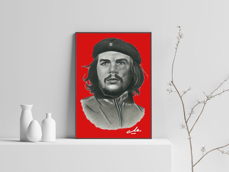 Ernesto Che Guevara Handmade Portrait,High Resolution Room Decor,Downloadable Poster Art, Red Background Che Guevara Poster,Instant Download image 1