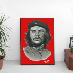 Ernesto Che Guevara Handmade Portrait,High Resolution Room Decor,Downloadable Poster Art, Red Background Che Guevara Poster,Instant Download image 3