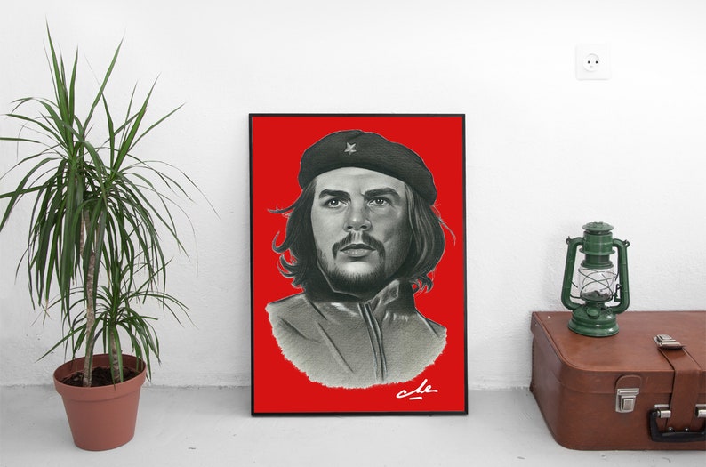 Ernesto Che Guevara Handmade Portrait,High Resolution Room Decor,Downloadable Poster Art, Red Background Che Guevara Poster,Instant Download image 3