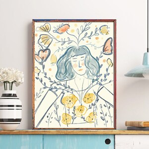 Frauen Poster mit Blume,Moderne Frau Poster,Wohndekoration,Buntstift Technik kunstvolle Zeichnung Download Without Wait,Künstlerisches Poster