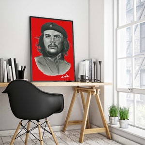 Ernesto Che Guevara Handmade Portrait,High Resolution Room Decor,Downloadable Poster Art, Red Background Che Guevara Poster,Instant Download image 2