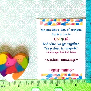 Heart crayon in multiple colors measures 1 inch wide by 1.5 inches long.  Customized card measures 2.5 inches wide and 3 inches long