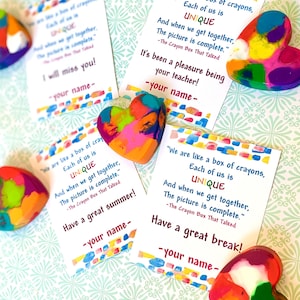 Heart shaped crayons in multiple colors and a card, customized with a personal message and name.  Party favor gifts for kids from teacher.  Perfect for back to school, happy holidays, birthday, and end of the school year.