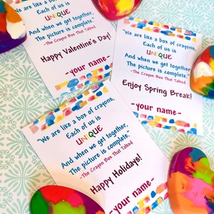 Heart shaped crayons in multiple colors and a card, customized with a personal message and name.  Party favor gifts for kids from teacher.  Perfect for back to school, happy holidays, birthday, and end of the school year.