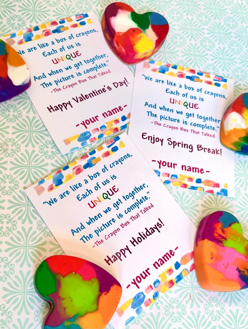 Heart shaped crayons in multiple colors and a card, customized with a personal message and name.  Party favor gifts for kids from teacher.  Perfect for back to school, happy holidays, birthday, and end of the school year.