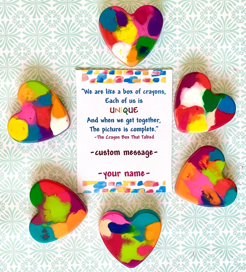 Heart shaped crayons in multiple colors and a card, customized with a personal message and name.  Party favor gifts for kids from teacher.  Perfect for back to school, happy holidays, birthday, and end of the school year.