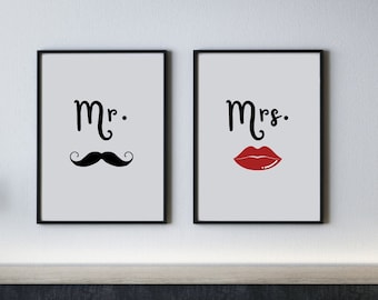 Ensemble de 2 affiches Mr Mrs, Mr & Mrs prints, Cadeau personnalisé, Poster Mr and Mrs, Cadeau de mariage, Jeunes mariés, Nouvellement mariés