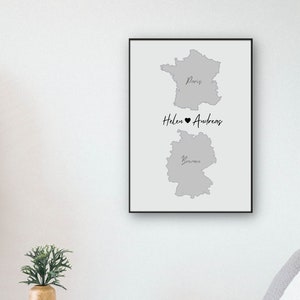 Personalisiertes Poster mit 2 Länder, Poster Landkarte und Namen, Hochzeitsgeschenk, Geschenk für Brautpaar,Hochzeitstag, Landkarte Stadt