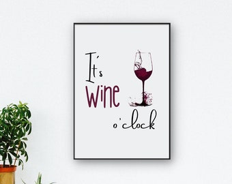 Wine poster, drinks poster, kitchen wall forest decoration, minimalist poster wine o'clock, funny poster, kitchen decoration, decoration for wine lovers