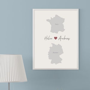 Cartel mapa y nombres, cartel personalizado con 2 países, regalo de boda, regalo para recién casados, aniversario de boda, mapa ciudad