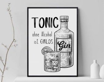 Poster Gin Tonic, poster drinks, kitchen wall forest decoration, poster saying, poster in German, minimalist poster black and white, kitchen decoration