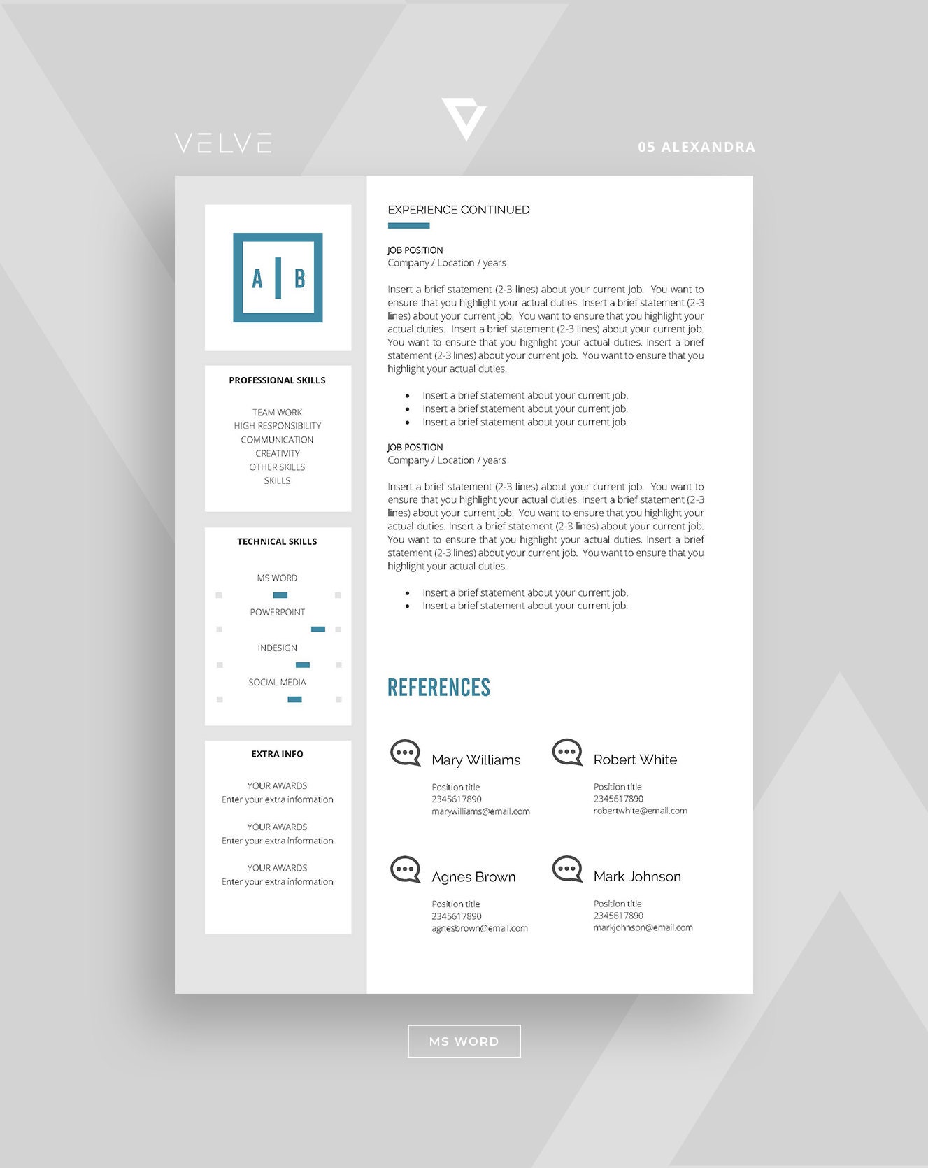 Professional Resume Template / CV Template. Cover Letter and References ...