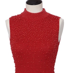 Vintage Red Beaded Mock Neck Sleeveless Top - Size Small