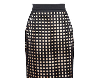 Northern Star Skirt, Size 2, black and gold, grid overlay, pencil skirt