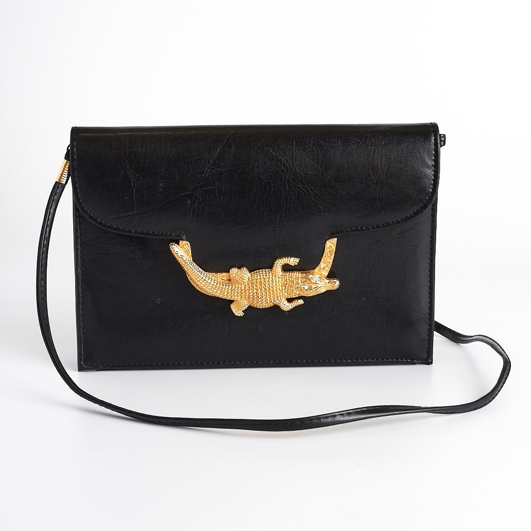 Juliette Jake Womens Crocodile Wrap Flap Clutch Handbag Black