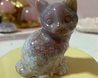 Beautiful Sea Jasper sitting cat carving.