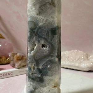 Stunning Moss Agate tower with gorgeous mossy inclusions.