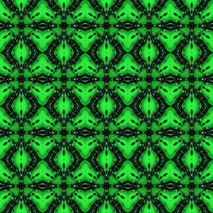 May include: A repeating pattern in vivid green and black. The design is made up of symmetrical, stylized shapes, possibly leaves or floral motifs, forming a complex and visually engaging pattern. The colour scheme is primarily bright green with black detailing.