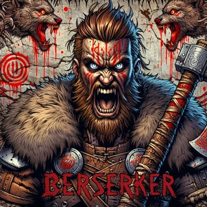 以下が含まれることがあります： 赤いひげと青い目をした獰猛なバイキングの戦士のデジタルイラスト。彼は毛皮の裏地が付いたマントを着て、大きな斧を持っています。背景は、赤い血しぶきと2つの狼の頭がついた暗い灰色の壁です。テキスト「BERSERKER」は、画像の下部に赤い文字で書かれています。