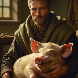 Puede incluir: Un cerdo sonriente con orejas y hocico rosados es sostenido por una persona que lleva una capa con capucha verde. El cerdo es de color marrón claro y parece contento. El fondo es una habitación con poca luz y una ventana.