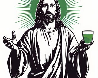Op de afbeelding: Een zwart-witte illustratie van Jezus die een glas groene matcha thee vasthoudt. De tekst "Matcha-lujah" staat onder de afbeelding.