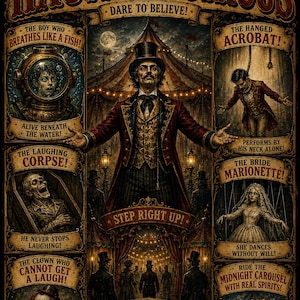 Puede incluir: Un cartel vintage del Circo Embrujado de Barnaby O'Grady. El cartel presenta una figura central con sombrero de copa, rodeada de viñetas de actos de circo, como un acróbata ahorcado y un cadáver que ríe. El texto dice "¡Atrévete a creer!"