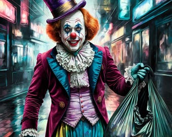 May include: A clown with a purple and gold hat, red hair, and a painted-on smile holds a black plastic garbage bag. The clown is wearing a colorful costume with a blue and green ruffled collar and a pink vest. The background is a blurry city street with neon lights.