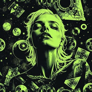 May include: A digital art print featuring a woman with closed eyes and flowing blonde hair, rendered in neon green against a black background. The artwork includes celestial and geometric shapes, creating a cosmic and mystical theme.