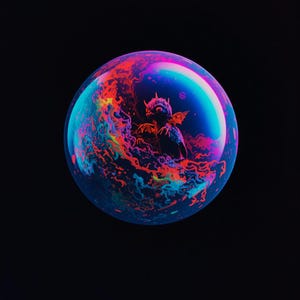 May include: A vibrant, colorful bubble with a detailed illustration of a fantasy creature inside. The bubble features swirling patterns of blue, red, and purple against a black background, creating a surreal and imaginative scene.