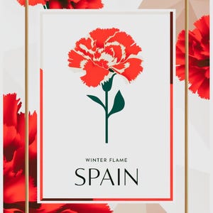 Winter Flame SVG Poster – Carnation Travel Art | January Birth Flower | Spanish Festival-Inspired Minimalist Cut File | Digital Download
