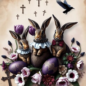 Gothic Purple Osterkunst - 5 PNG viktorianische Hasendrucke mit Pflaumen Eiern, Bronze Filigree & Blumenkreuzen | Frühlingshaftes Dekor