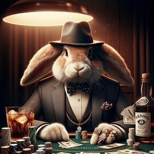 Llama a tu farol, cola de algodón – Arte digital PNG de conejo de la mafia, arte de conejo de póker, conejito de apuestas, descarga digital de inspiración noir, decoración de póker