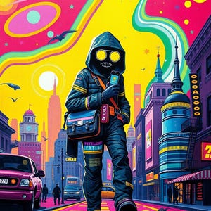 Neon City Wanderer Psychodeliczny wydruk artystyczny - Żywa scena uliczna retro futuryzmu - Sci-Fi Cyberpunk Cyfrowe pobieranie na dekorację ścienną