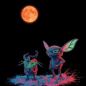 May include: Digital art print featuring two whimsical alien creatures with large eyes, standing on a splash of blue and red paint. A large orange moon hangs in the black sky above them. The creatures have blue and green skin.