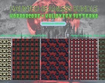Horrorcore Halloween Seamless Pattern Pack | Haunted House, Creepy Faces & Gothic Skulls | Digital JPGs for Crafting and Apparel