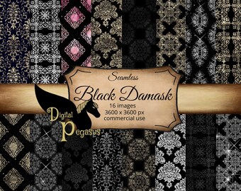 Papel digital Damasco negro: Patrones sin costuras para scrapbooking (Descarga digital)