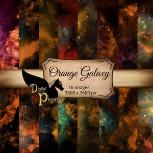 Oranje Galaxy Scrapbook Papier | Digitale papieren | Nevel | Sterren | Nachtelijke hemel | Ruimte | Universum | Afdrukbaar papierpakket