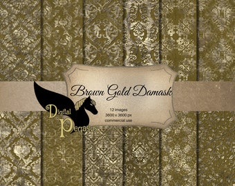 Papel de álbum de recortes Damasco marrón y dorado: Textura sin costuras (Descarga digital)